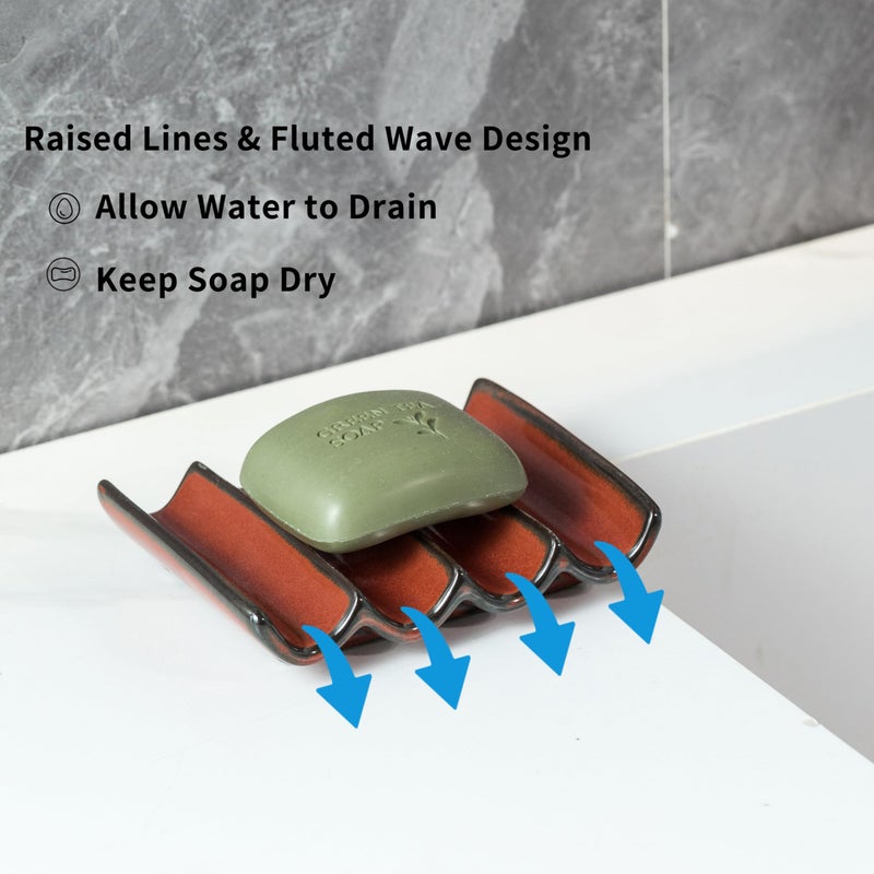 Cormomu Bathroom Soap Dish for Shower  Bar Soap Holder with Self Drain  Ceramic Soap Saver Tray for Bathroom Sink  Kitchen Counter  Drain Fluted Design to Lift Soap Keep Dry  Red - Image 2